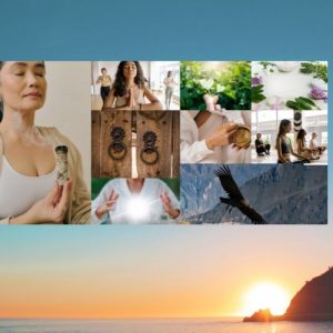 Détente, soins du visage et bain sonores Plusieurs photos collés sur le bien être et l 'amour sur un fond de couché de soleil sur l'eau