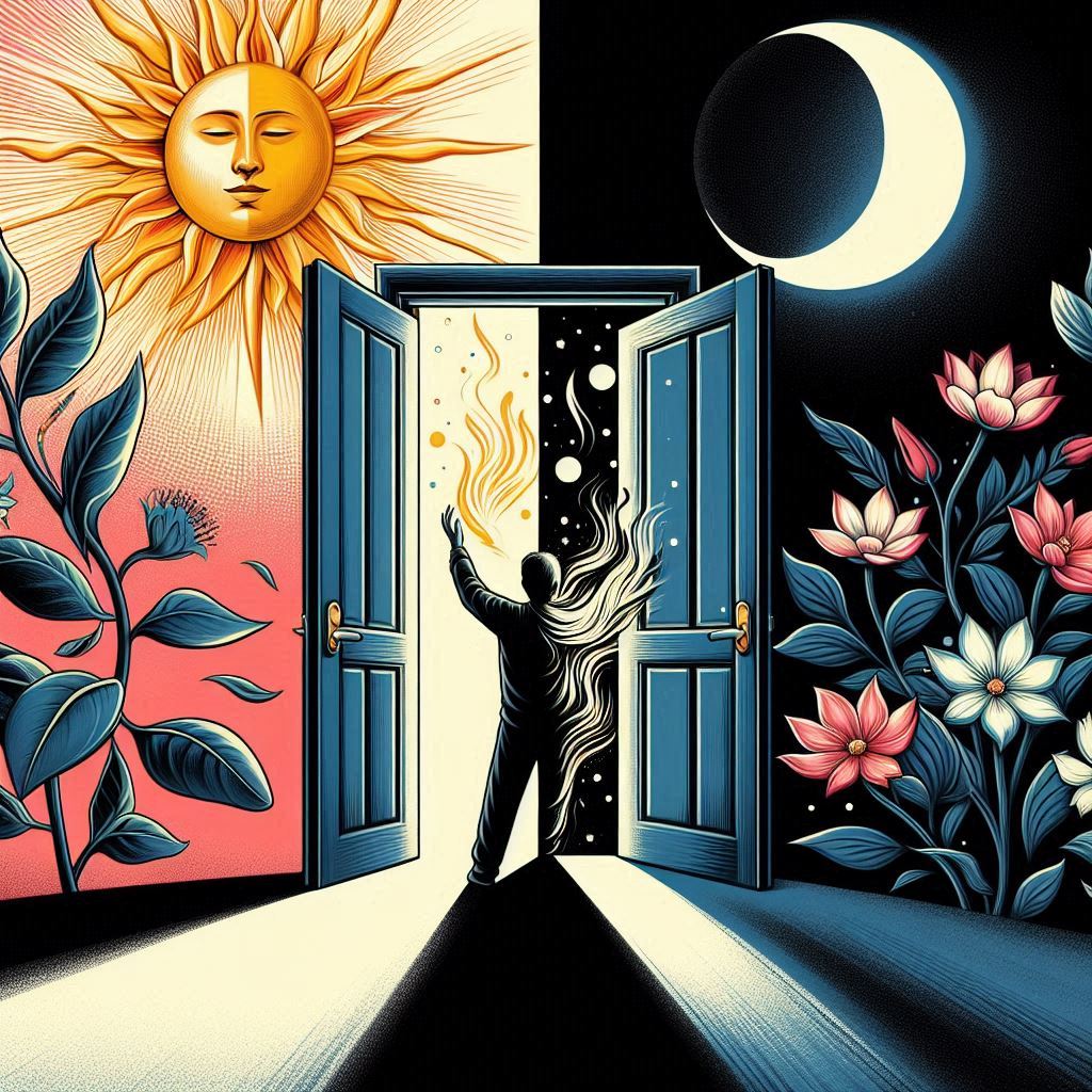 entouré de fleur avec un coté sombre avec la lune et l'autre clair avec le soleil