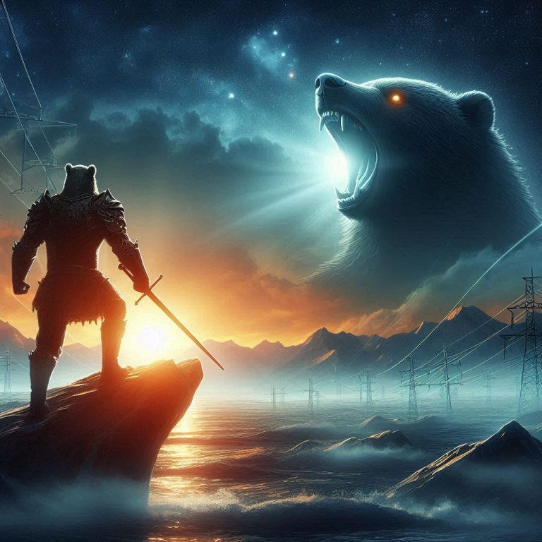 Un homme a tête d'ours en tenu de chevalier avec une épee regardant une image d'ours dans le ciel