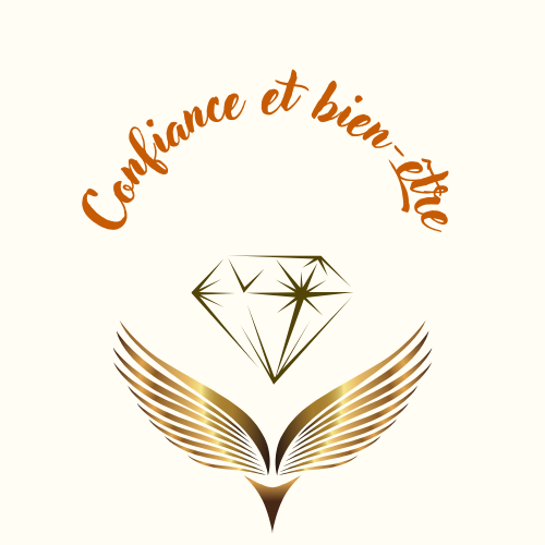 Confiance et bien-être ecrit en ocre, avec un diamand au dessus de 2 ailes dorés