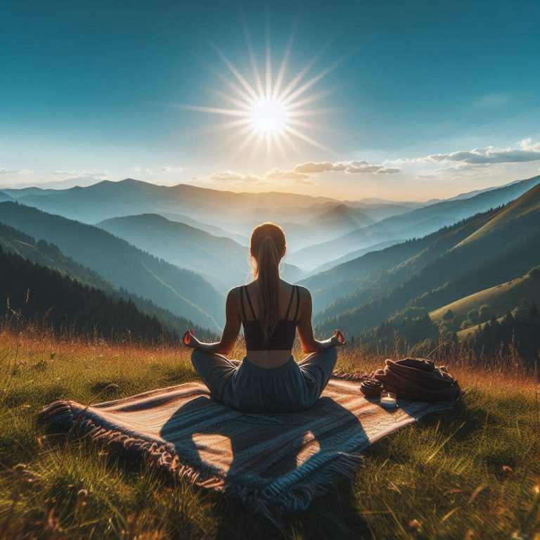 Une femme méditant devant un levé du soleil